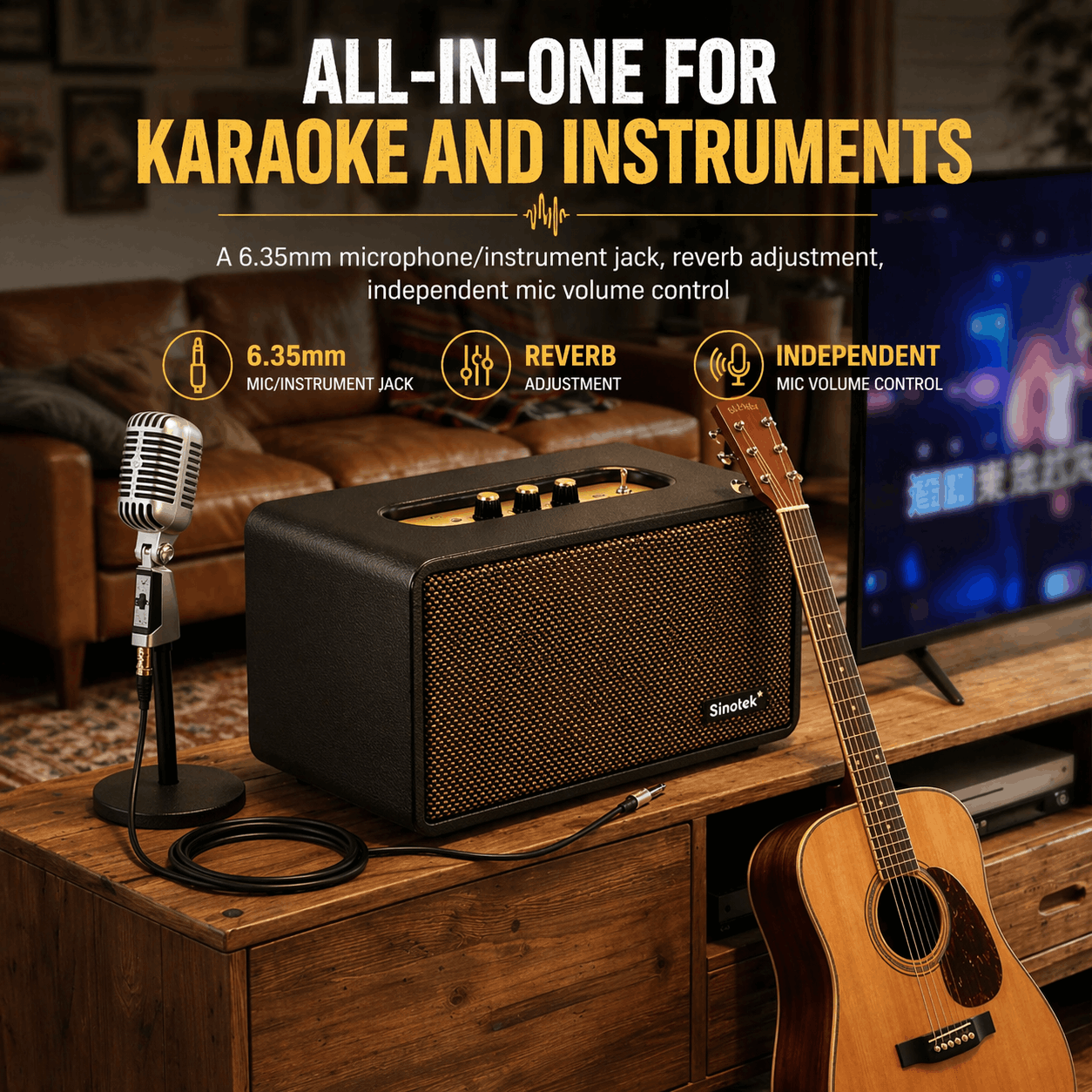 120W Hi-Fi Bluetooth Speaker - Premium Leather, Deep Bass, 360° Sound, 18H Playtime & Karaoke/Instrument for Immersive Home Listening, Lively Karaoke Nights, Music Practice