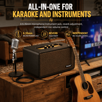 120W Hi-Fi Bluetooth Speaker - Premium Leather, Deep Bass, 360° Sound, 18H Playtime & Karaoke/Instrument for Immersive Home Listening, Lively Karaoke Nights, Music Practice