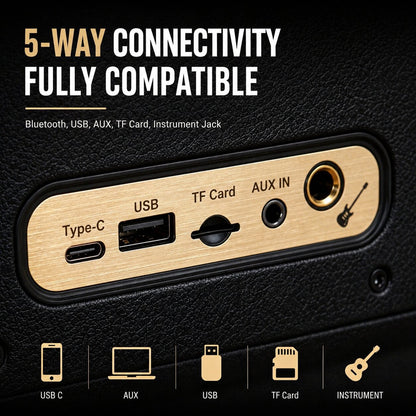 120W Hi-Fi Bluetooth Speaker - Premium Leather, Deep Bass, 360° Sound, 18H Playtime & Karaoke/Instrument for Immersive Home Listening, Lively Karaoke Nights, Music Practice