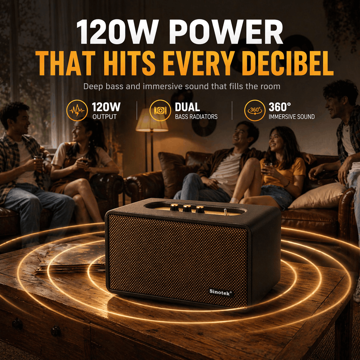 120W Hi-Fi Bluetooth Speaker - Premium Leather, Deep Bass, 360° Sound, 18H Playtime & Karaoke/Instrument for Immersive Home Listening, Lively Karaoke Nights, Music Practice