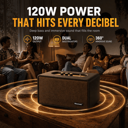 120W Hi-Fi Bluetooth Speaker - Premium Leather, Deep Bass, 360° Sound, 18H Playtime & Karaoke/Instrument for Immersive Home Listening, Lively Karaoke Nights, Music Practice