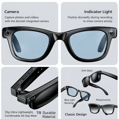 AI Smart Glasses with 8MP HD Camera, Dual-Mic Noise Reduction, Translation Support & Voice Assistant to Capture Life Hands-Free, Understand World, & Communicate Across Languages