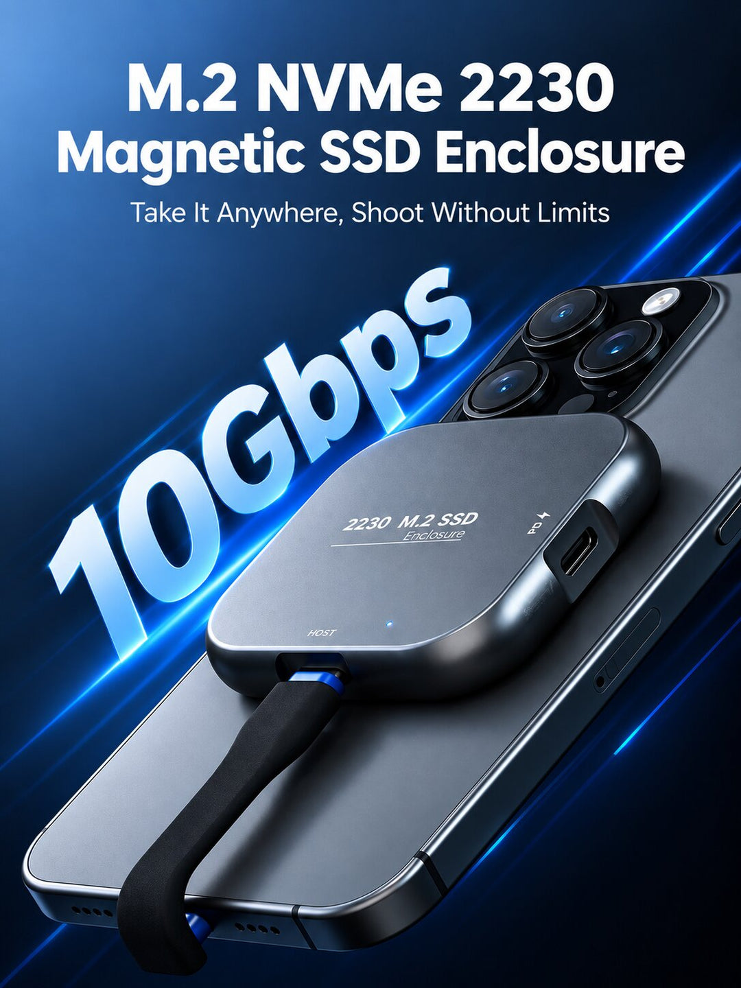 M.2 NVMe 2230 Magnetic SSD Enclosure - 10Gbps High-Speed Transfer, PD 100W Charging, ProRes 4K/60fps External Recording for iPhone 17/18, iPad, Android Phone, Laptop &amp; Steam Deck