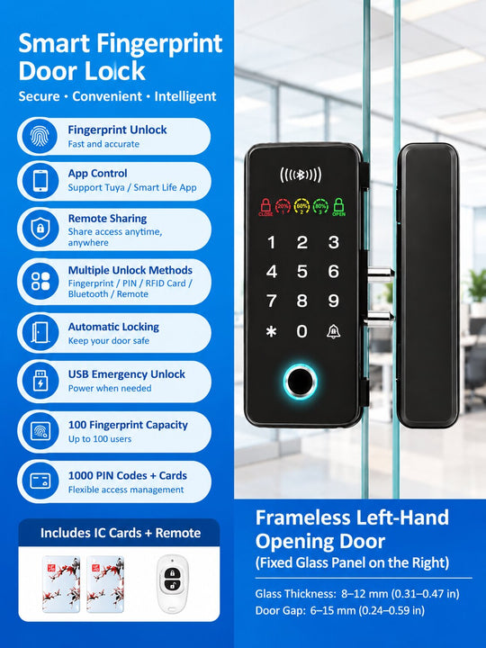Smart Fingerprint Glass Door Lock for Offices &amp; Stores | No-Drill Installation, PIN (Anti-Peeping PIN), RFID, Access Control with Bluetooth App &amp; Remote Unlock, Auto-Lock &amp; Passage Mode