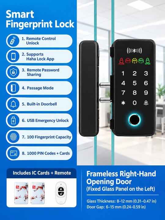 Smart Fingerprint Glass Door Lock for Offices &amp; Stores | No-Drill Installation, PIN (Anti-Peeping PIN), RFID, Access Control with Bluetooth App &amp; Remote Unlock, Auto-Lock &amp; Passage Mode