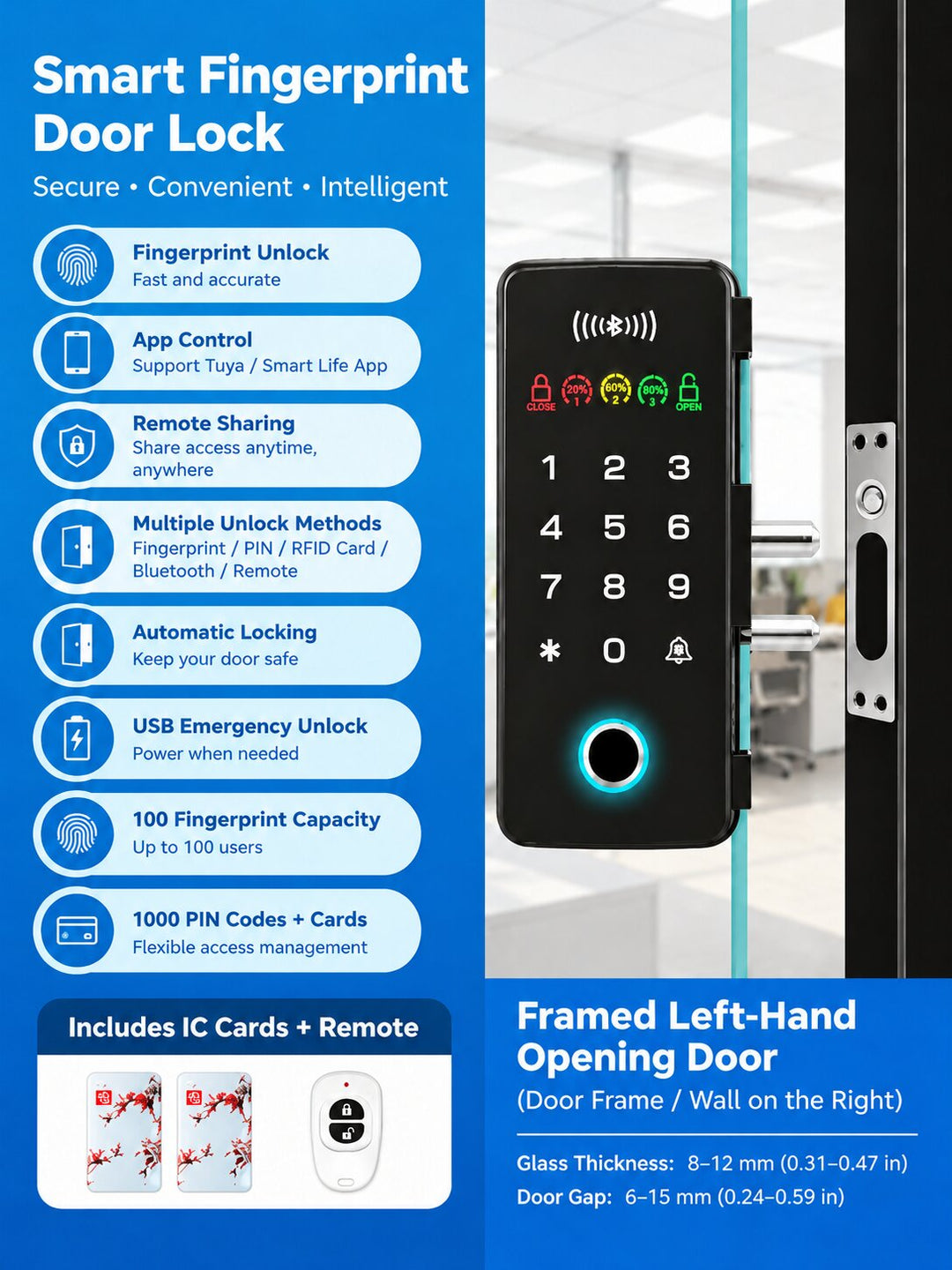 Smart Fingerprint Glass Door Lock for Offices &amp; Stores | No-Drill Installation, PIN (Anti-Peeping PIN), RFID, Access Control with Bluetooth App &amp; Remote Unlock, Auto-Lock &amp; Passage Mode