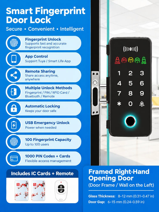 Smart Fingerprint Glass Door Lock for Offices &amp; Stores | No-Drill Installation, PIN (Anti-Peeping PIN), RFID, Access Control with Bluetooth App &amp; Remote Unlock, Auto-Lock &amp; Passage Mode