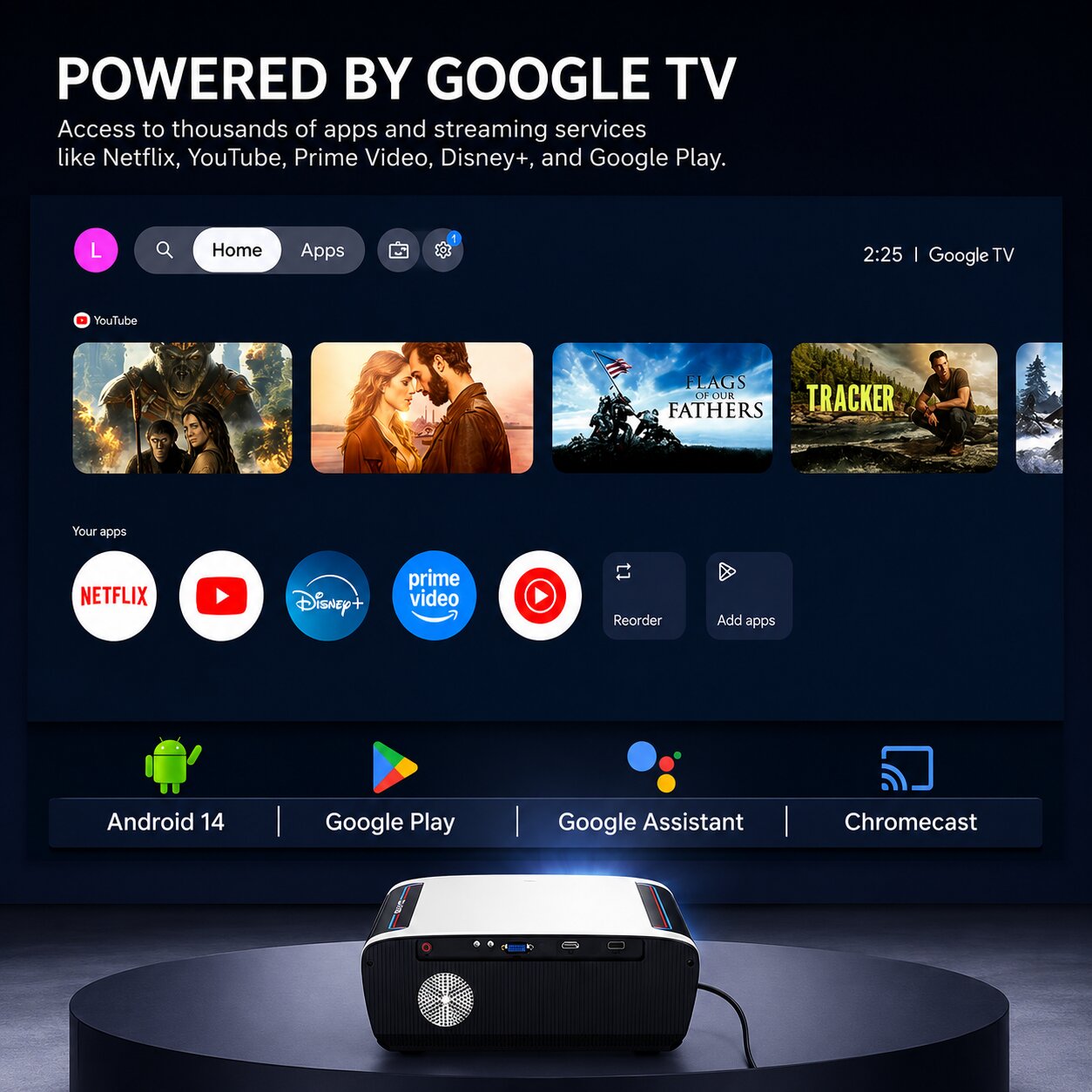 GX-SP03 Google TV (GTV) Smart Cinema Projector – Native 1080P, Google TV Certified, 1550 ANSI Lumens, Dolby Atmos & AI Auto Focus for Movies, Gaming, Concerts, and Karaoke Nights