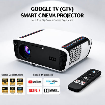 GX-SP03 Google TV (GTV) Smart Cinema Projector – Native 1080P, Google TV Certified, 1550 ANSI Lumens, Dolby Atmos & AI Auto Focus for Movies, Gaming, Concerts, and Karaoke Nights