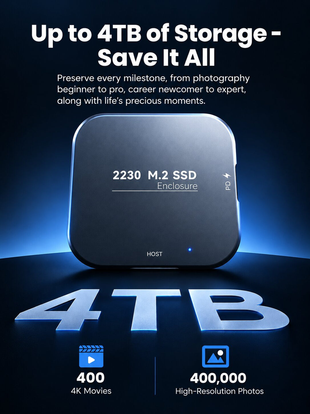 M.2 NVMe 2230 Magnetic SSD Enclosure - 10Gbps High-Speed Transfer, PD 100W Charging, ProRes 4K/60fps External Recording for iPhone 17/18, iPad, Android Phone, Laptop &amp; Steam Deck