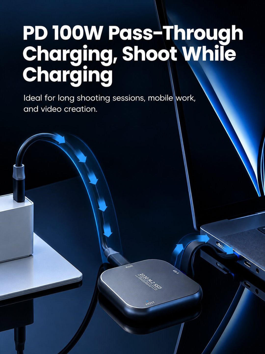 M.2 NVMe 2230 Magnetic SSD Enclosure - 10Gbps High-Speed Transfer, PD 100W Charging, ProRes 4K/60fps External Recording for iPhone 17/18, iPad, Android Phone, Laptop &amp; Steam Deck