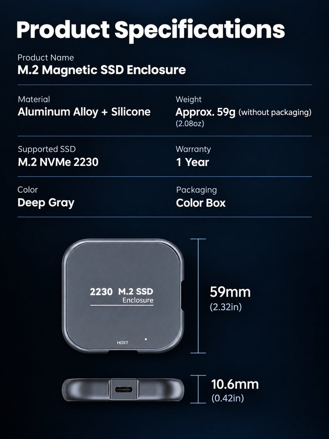 M.2 NVMe 2230 Magnetic SSD Enclosure - 10Gbps High-Speed Transfer, PD 100W Charging, ProRes 4K/60fps External Recording for iPhone 17/18, iPad, Android Phone, Laptop &amp; Steam Deck