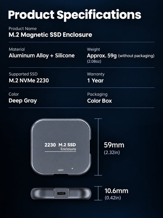 M.2 NVMe 2230 Magnetic SSD Enclosure - 10Gbps High-Speed Transfer, PD 100W Charging, ProRes 4K/60fps External Recording for iPhone 17/18, iPad, Android Phone, Laptop &amp; Steam Deck