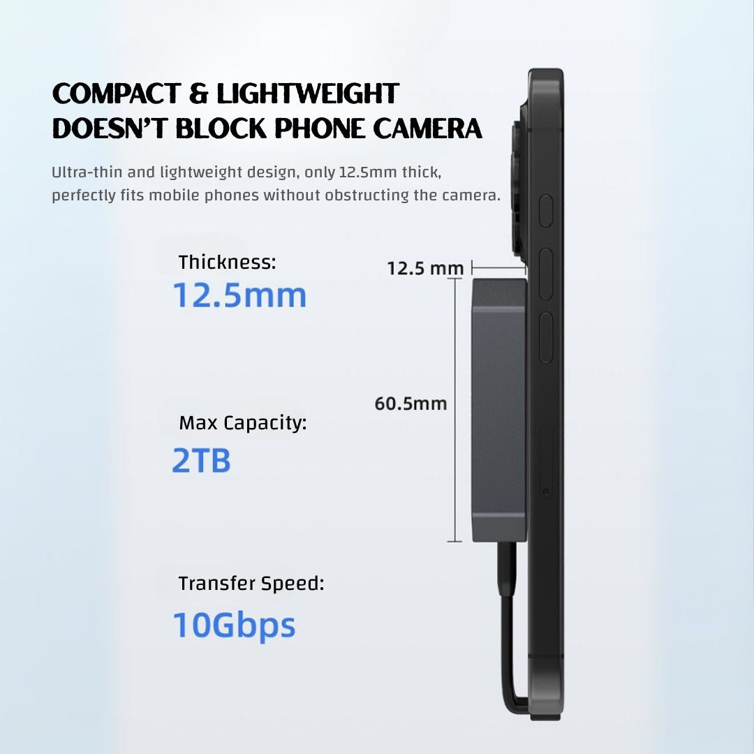 Magnetic M.2 SSD Enclosure / External SSD Case for iPhone & Android - 10Gbps USB 3.2 Gen 2 High-Speed Storage with Heat Dissipation & Drop Protection