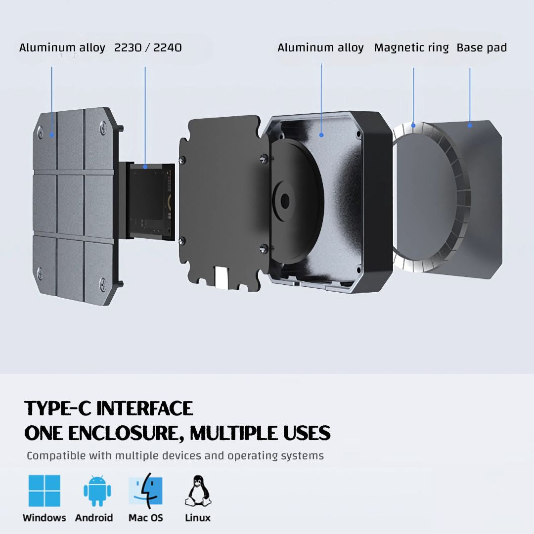 Magnetic M.2 SSD Enclosure / External SSD Case for iPhone & Android - 10Gbps USB 3.2 Gen 2 High-Speed Storage with Heat Dissipation & Drop Protection