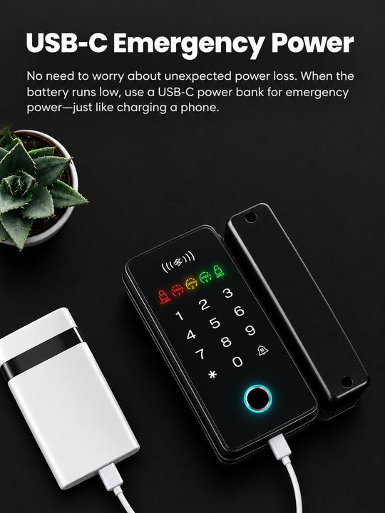 Smart Fingerprint Glass Door Lock for Offices &amp; Stores | No-Drill Installation, PIN (Anti-Peeping PIN), RFID, Access Control with Bluetooth App &amp; Remote Unlock, Auto-Lock &amp; Passage Mode