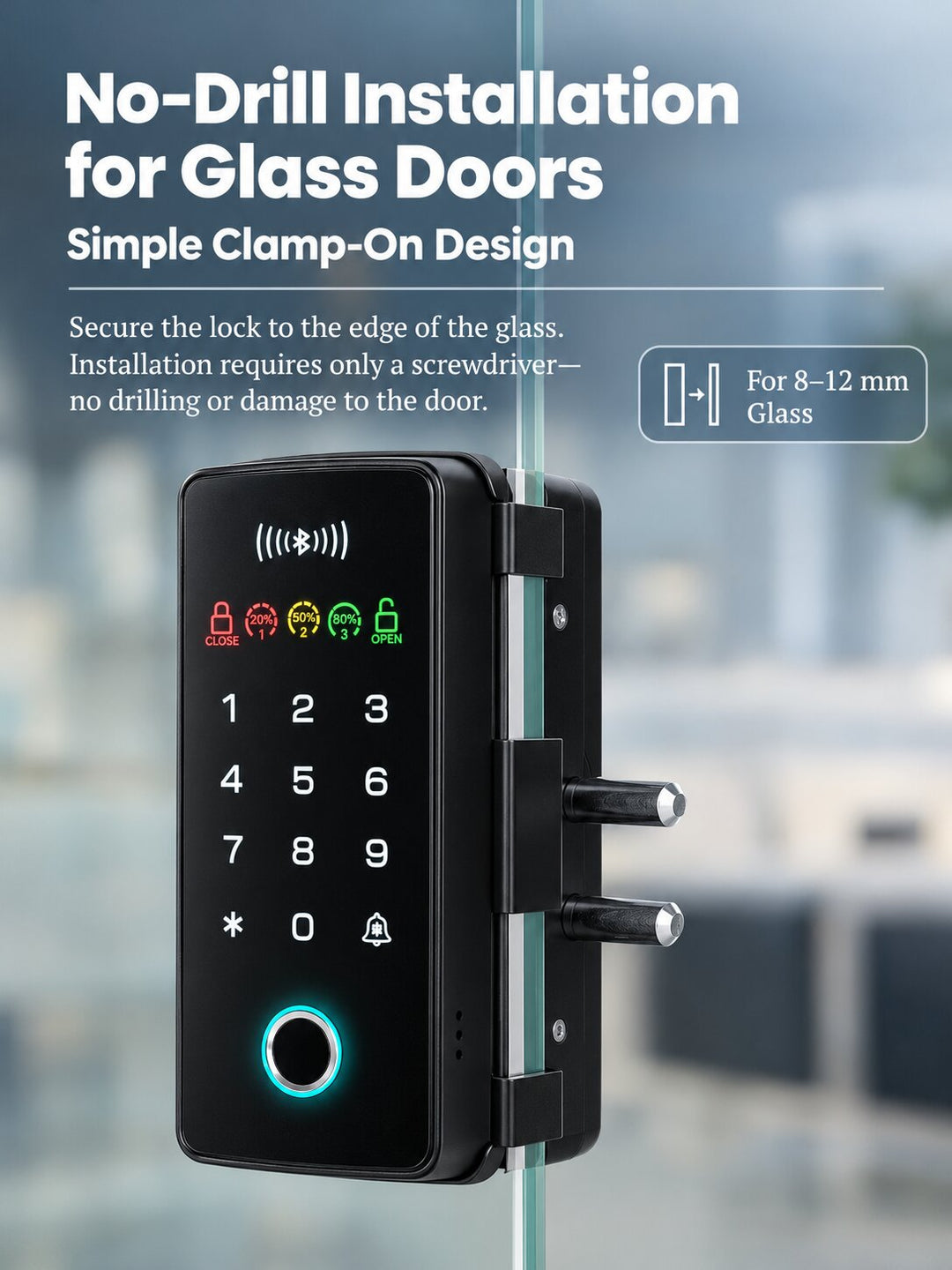 Smart Fingerprint Glass Door Lock for Offices &amp; Stores | No-Drill Installation, PIN (Anti-Peeping PIN), RFID, Access Control with Bluetooth App &amp; Remote Unlock, Auto-Lock &amp; Passage Mode