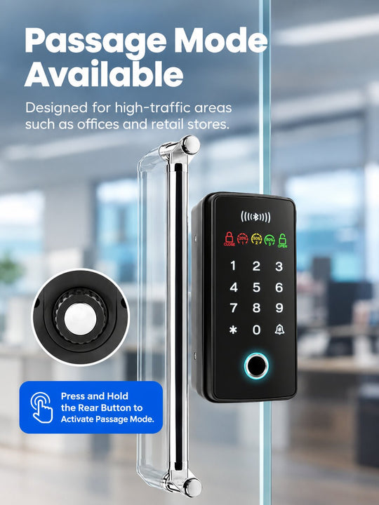 Smart Fingerprint Glass Door Lock for Offices &amp; Stores | No-Drill Installation, PIN (Anti-Peeping PIN), RFID, Access Control with Bluetooth App &amp; Remote Unlock, Auto-Lock &amp; Passage Mode