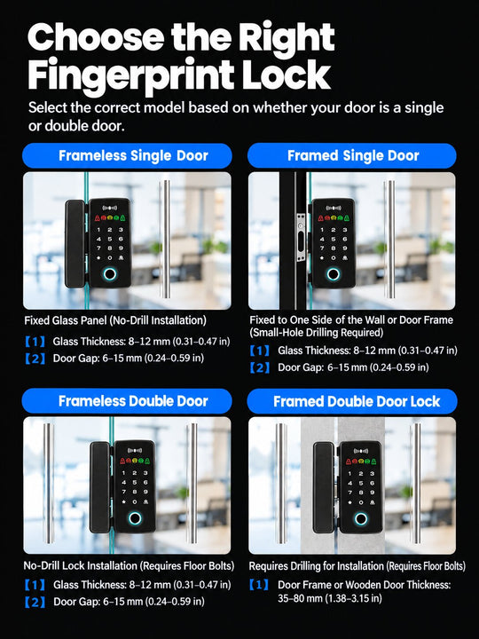 Smart Fingerprint Glass Door Lock for Offices &amp; Stores | No-Drill Installation, PIN (Anti-Peeping PIN), RFID, Access Control with Bluetooth App &amp; Remote Unlock, Auto-Lock &amp; Passage Mode