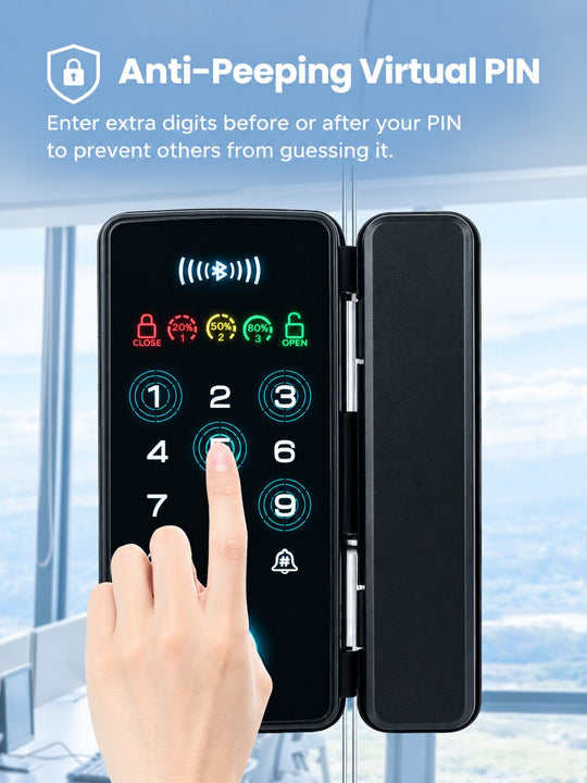 Smart Fingerprint Glass Door Lock for Offices &amp; Stores | No-Drill Installation, PIN (Anti-Peeping PIN), RFID, Access Control with Bluetooth App &amp; Remote Unlock, Auto-Lock &amp; Passage Mode