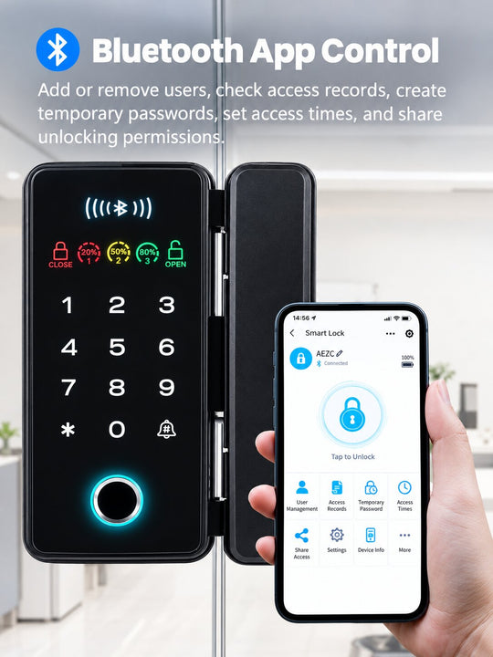 Smart Fingerprint Glass Door Lock for Offices &amp; Stores | No-Drill Installation, PIN (Anti-Peeping PIN), RFID, Access Control with Bluetooth App &amp; Remote Unlock, Auto-Lock &amp; Passage Mode