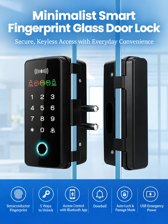 Smart Fingerprint Glass Door Lock for Offices &amp; Stores | No-Drill Installation, PIN (Anti-Peeping PIN), RFID, Access Control with Bluetooth App &amp; Remote Unlock, Auto-Lock &amp; Passage Mode