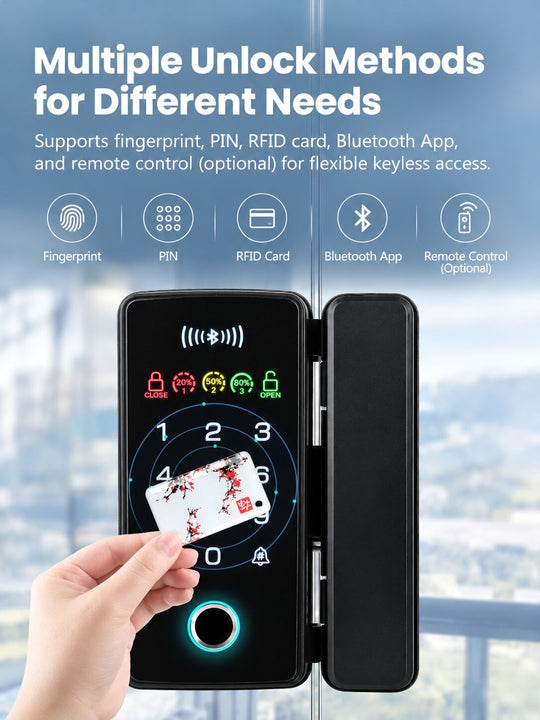 Smart Fingerprint Glass Door Lock for Offices &amp; Stores | No-Drill Installation, PIN (Anti-Peeping PIN), RFID, Access Control with Bluetooth App &amp; Remote Unlock, Auto-Lock &amp; Passage Mode