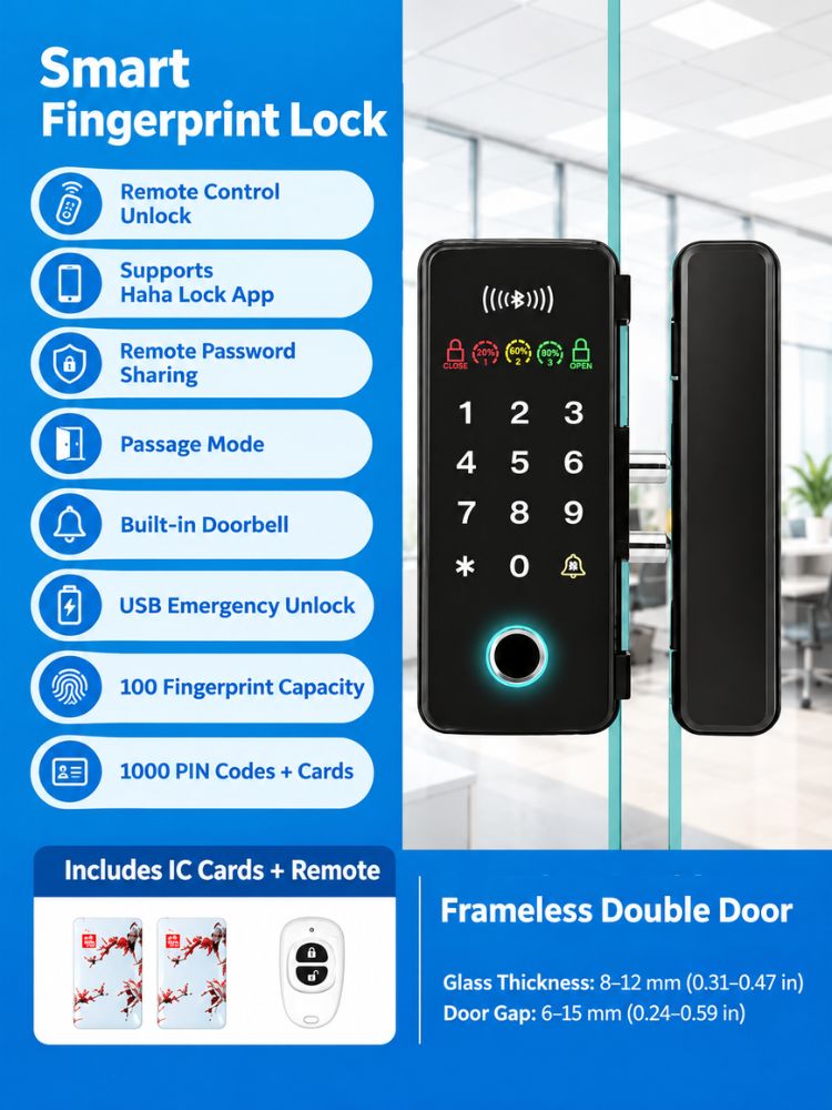 Smart Fingerprint Glass Door Lock for Offices &amp; Stores | No-Drill Installation, PIN (Anti-Peeping PIN), RFID, Access Control with Bluetooth App &amp; Remote Unlock, Auto-Lock &amp; Passage Mode