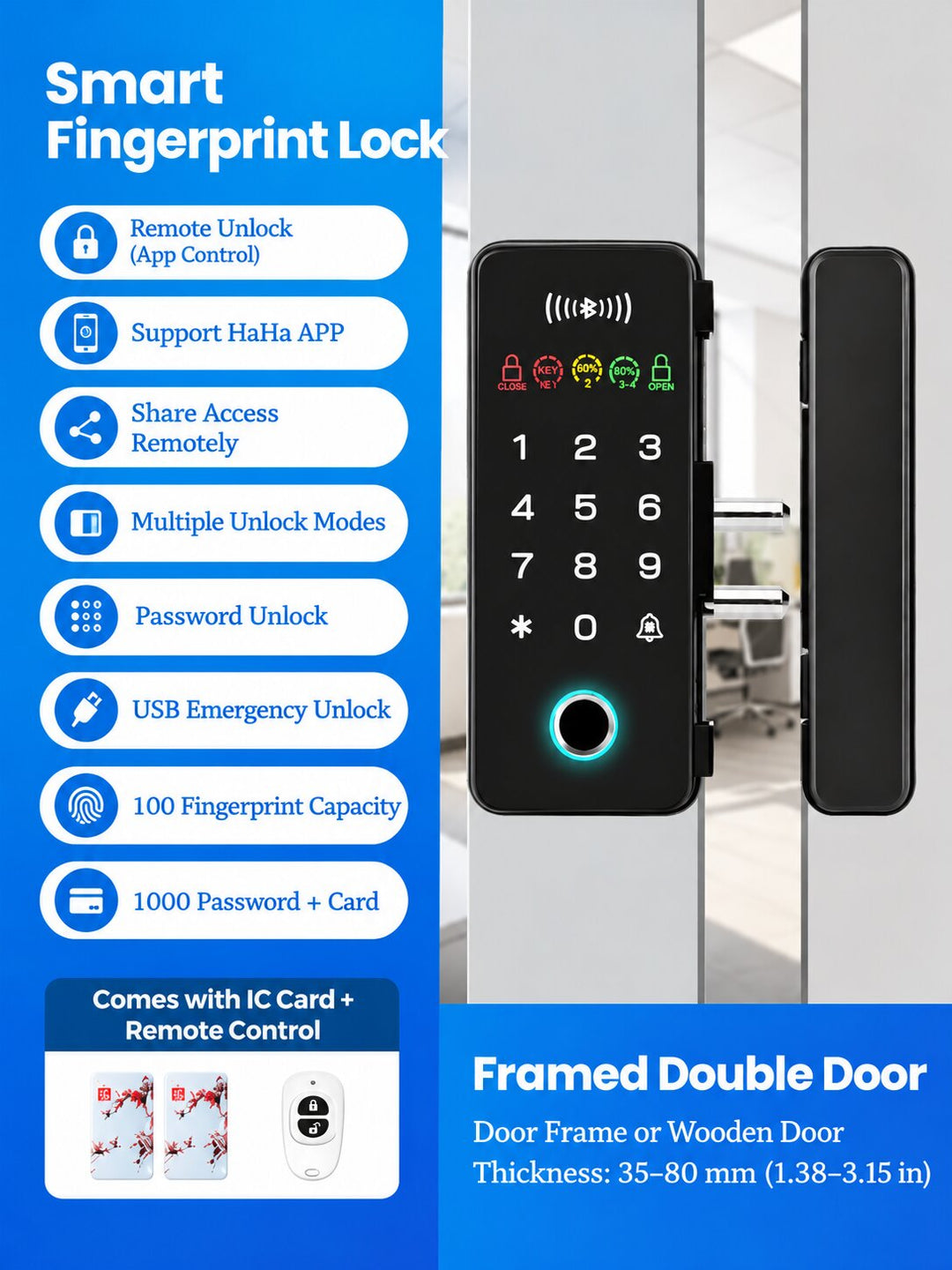 Smart Fingerprint Glass Door Lock for Offices &amp; Stores | No-Drill Installation, PIN (Anti-Peeping PIN), RFID, Access Control with Bluetooth App &amp; Remote Unlock, Auto-Lock &amp; Passage Mode