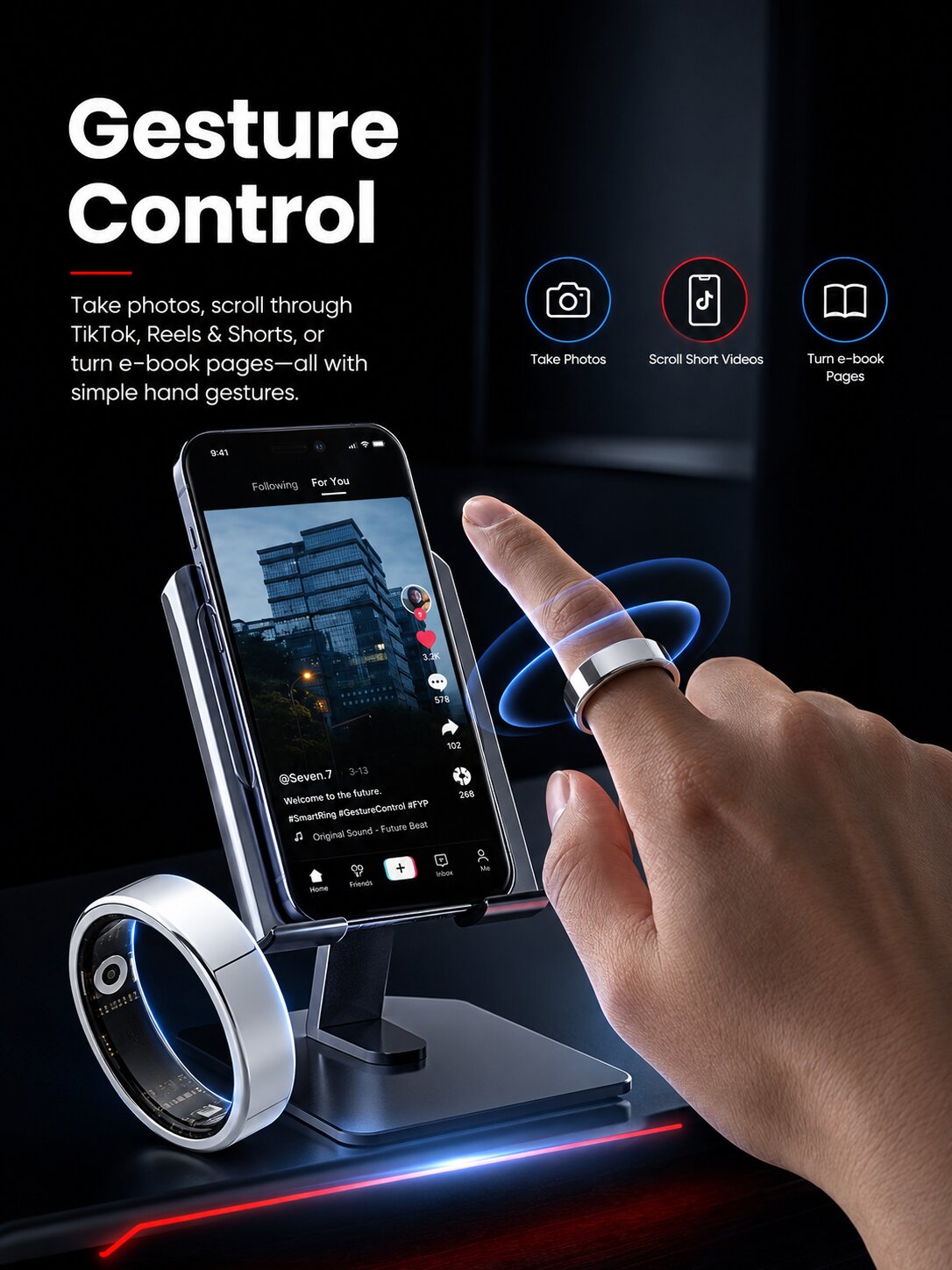 GX-SR22 Silent Vibration Smart Ring with Hands-Free Gesture Control, 24/7 Health Tracking, Stress Insights, Sleep Monitor, Daily Activity Tracking, and More for Work, Sleep, Fitness & Travel
